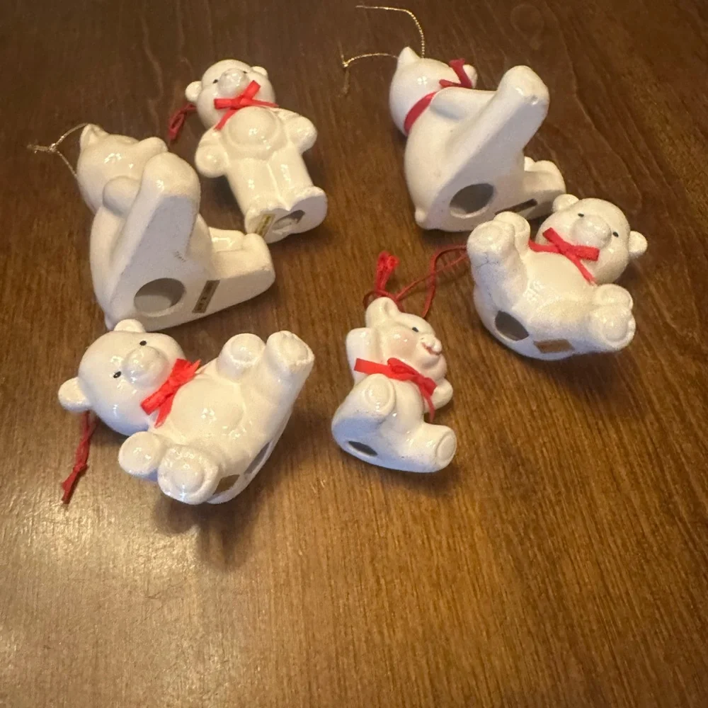 Vintage White Bear Ornament Set with Red Accents